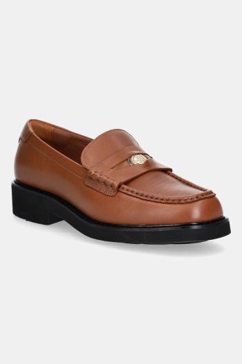 Kožené mokasíny Tommy Hilfiger CREST SQUARISH TOE PENNY LOAFER hnedá farba, na plochom podpätku, FW0FW08633