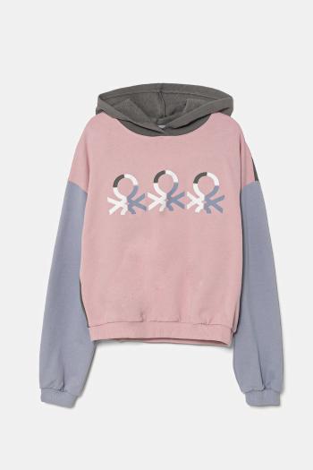 Detská bavlnená mikina United Colors of Benetton ružová farba, s kapucňou, s potlačou, 3J68C204D