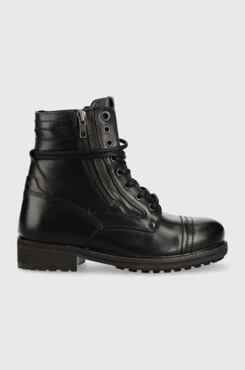 Kožené členkové topánky Pepe Jeans Melting Combat Warm W dámske, čierna farba, na plochom podpätku,