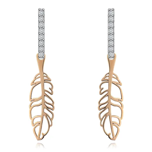 Náušnice v kombinovanom 14K zlate - pás čírych zirkónikov, vyrezávané pierko