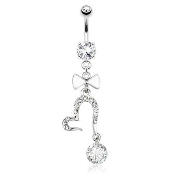 Piercing do brucha, chirurgická oceľ, mašľa, kontúra srdiečka, číre zirkóny