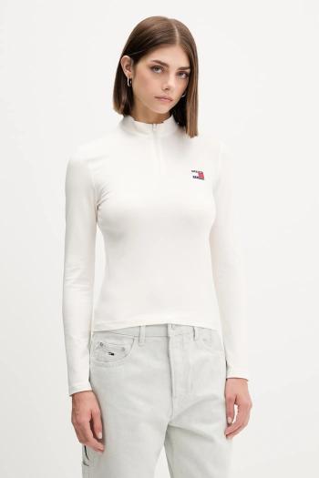 Tričko s dlhým rukávom Tommy Jeans béžová farba, s polorolákom, DW0DW21567