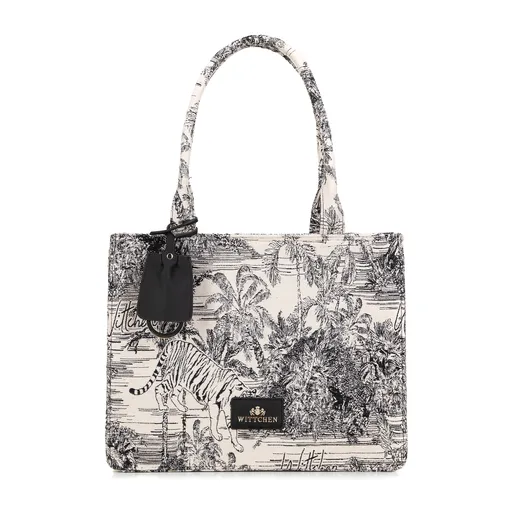 Dámska žakárová nákupná kabelka so strapcom čierno-krémová 99-4E-501-X2