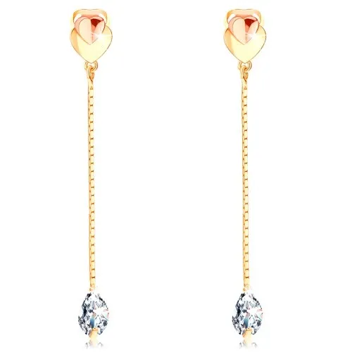 Visiace náušnice zo 14K zlata - dvojfarebné srdiečka, číra kvapka na retiazke