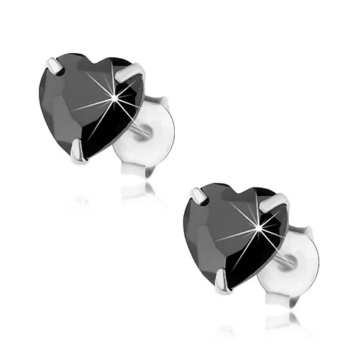 Puzetové náušnice, striebro 925, čierny brúsený zirkón - srdiečko