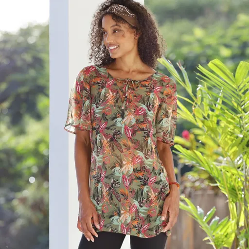 Voálová tunika so šnurovacím výstrihom a potlačou