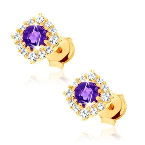 Zlaté náušnice 14K štvorec s ametystom lemovaným zirkónmi
