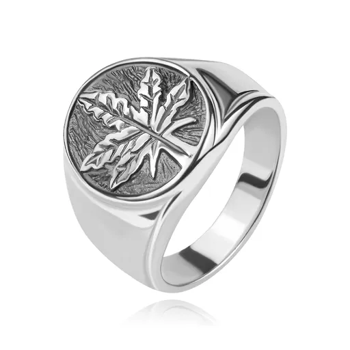 Mohutný strieborný 925 prsteň - marihuanový list v kruhu s patinou - Veľkosť: 49 mm