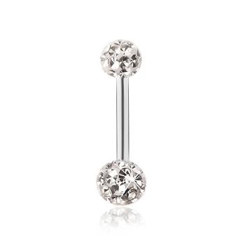 Piercing do jazyka, oceľ 316L, biele guličky, číre zirkóny, transparentná glazúra
