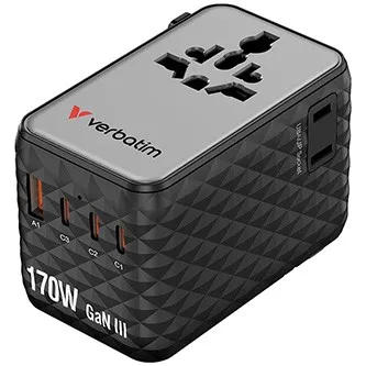 Verbatim 30190, Univerzálny cestovný adaptér Charge ,n, Travel 2x USB-C, 2X USB-A + 1x integrovaný kábel USB-C, čierná, 170 W
