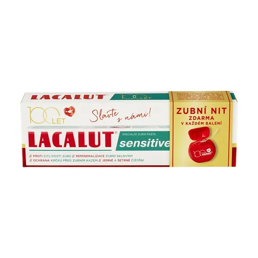 LACALUT Sensitive zubná pasta 75ml + dentálna niť 100 rokov edícia
