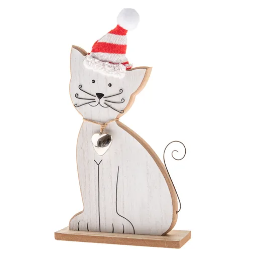 Drevená mačka s rolničkou a pletenou čiapkou, 29 cm