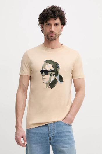 Bavlnené tričko Karl Lagerfeld pánske, béžová farba, s nášivkou, 552241.755067