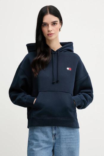 Bavlnená mikina Tommy Jeans dámska, tmavomodrá farba, s kapucňou, s nášivkou, DW0DW19414