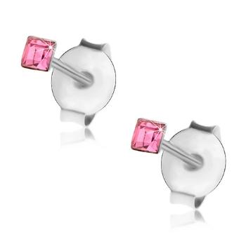 Náušnice zo striebra 925, ružový krištálik Swarovski - štvorček, 2 mm
