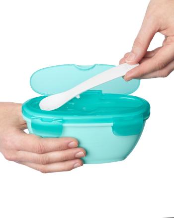 SKIP HOP Miska se lžičkou v ochranném pouzdře Easy Serve Teal 240 ml, 3m+