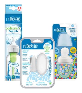 DR.BROWN'S Set fľaša plast 250ml + Cumeľ FreshFirst + Prstová zubná kefka