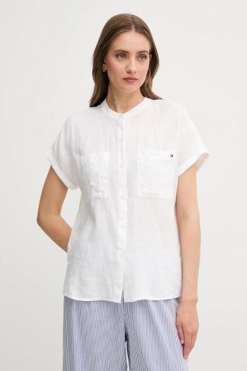 Ľanová košeľa Tommy Hilfiger béžová farba, voľný strih, so stojačikom, WW0WW44715