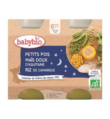 2x BABYBIO Večerné menu hrášok, sladká kukurica, ryža (200 g)