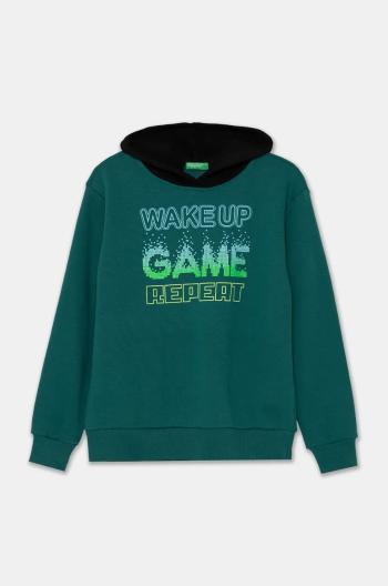 Detská mikina United Colors of Benetton zelená farba, s kapucňou, s potlačou, 3PANC204A