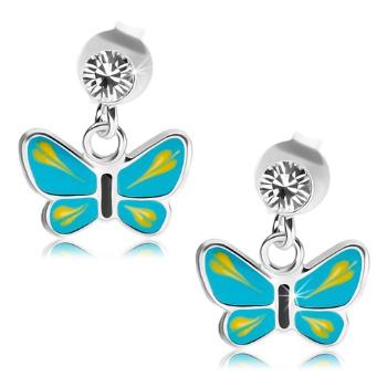 Strieborné 925 náušnice, číry krištálik Swarovski, modro-žltý motýlik