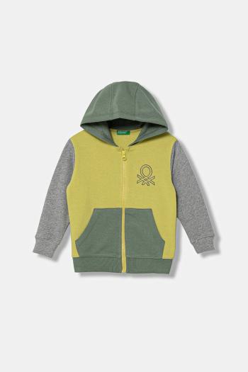Detská bavlnená mikina United Colors of Benetton zelená farba, s kapucňou, jednofarebná, 3J68G503V