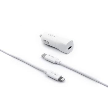 Autós töltő FIXED Car USB-C kimenettel és USB-C / Lightning kábellel PD 1 méteres MFI 18W fehér