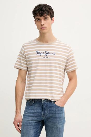 Bavlnené tričko Pepe Jeans pánsky, béžová farba, vzorovaný