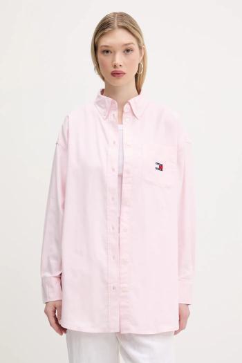 Bavlnená košeľa Tommy Jeans ružová farba, voľný strih, s klasickým golierom, DW0DW20289