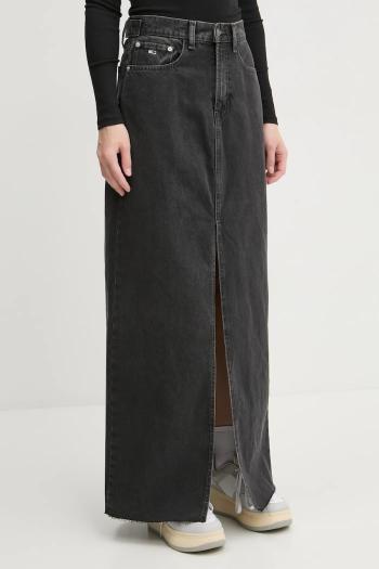 Rifľová sukňa Tommy Jeans čierna farba, midi, rovný strih, DW0DW20554