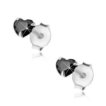 Strieborné 925 náušnice, čierne zirkónové srdiečko, 4 mm, puzetky