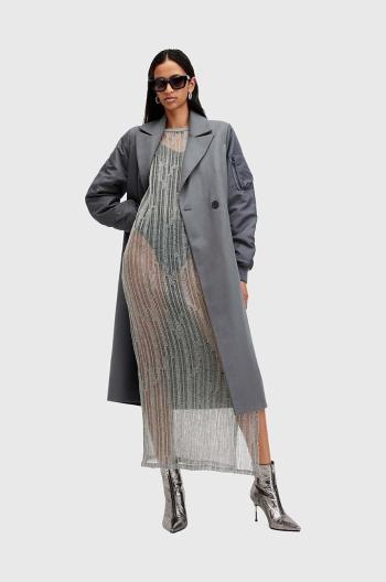 Vlnený kabát AllSaints PAULAH šedá farba, prechodný, dvojradový, W007OZ
