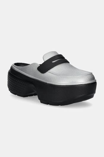 Šľapky Crocs Stomp Metallic Loafer Clog dámske, strieborná farba, na platforme, 210363