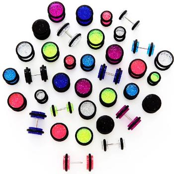 Trblietavý falošný plug s čiernymi gumičkami - Veľkosť hlavičky: 10 mm, Farba piercing: Modrá