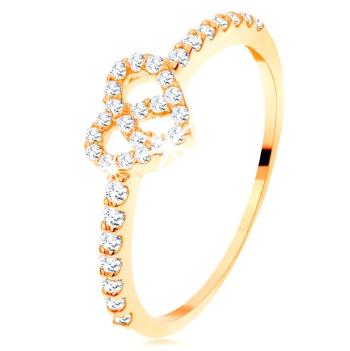 Prsteň zo žltého 14K zlata - zirkónové ramená, ligotavý číry obrys srdca - Veľkosť: 54 mm