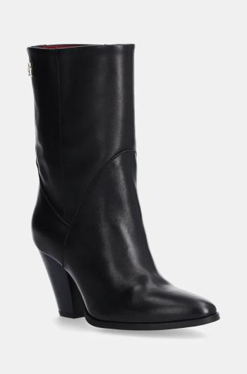 Kožené členkové topánky Tommy Hilfiger MID COWBOY HEEL LEATHER dámske, čierna farba, na podpätku, FW0FW08253