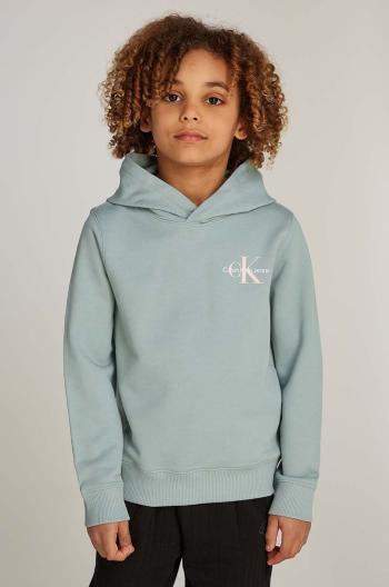Detská bavlnená mikina Calvin Klein Jeans zelená farba, s kapucňou, s potlačou, IU0IU00266