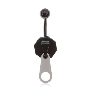 Oceľový piercing do brucha čiernej farby, zips, biely jazýček