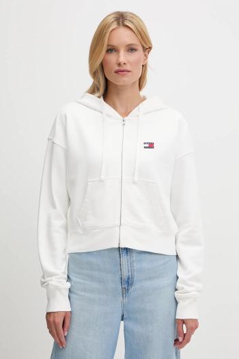 Bavlnená mikina Tommy Jeans biela farba, s kapucňou, s nášivkou, DW0DW21147