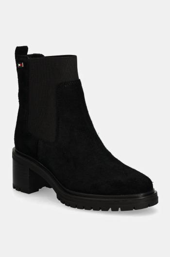 Semišové topánky chelsea Tommy Hilfiger FLAG MID HEEL SUEDE CHELSEA dámske, čierna farba, na podpätku, FW0FW08429