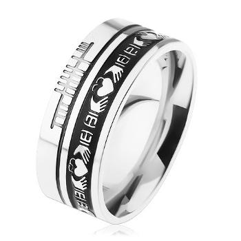 Prsteň z ocele 316L, strieborná farba, čierny pruh, ornamenty, 8 mm - Veľkosť: 62 mm