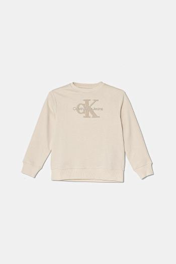Detská bavlnená mikina Calvin Klein Jeans béžová farba, s nášivkou, IN0IN00269