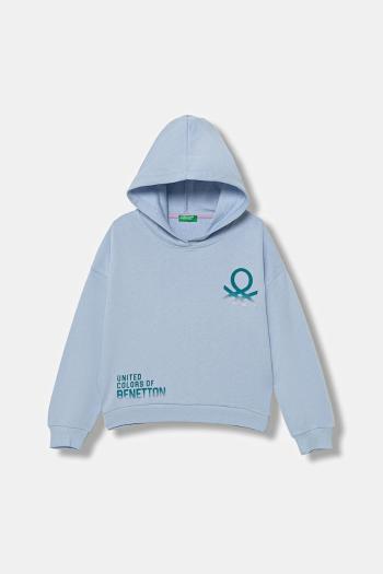 Detská bavlnená mikina United Colors of Benetton modrá farba, s kapucňou, s potlačou, 3J68C204W