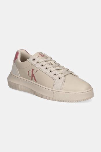 Kožené tenisky Calvin Klein Jeans CHUNKY CUPSOLE LTH MG LTH béžová farba, YW0YW01614