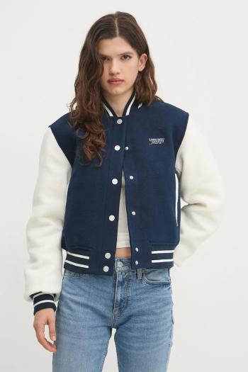 Bunda bomber s prímesou vlny Tommy Jeans tmavomodrá farba, prechodná, DW0DW19320