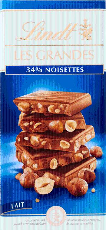 LINDT Les Grandes mliečna čokoláda s celými praženými a karamelizovanými lieskovými orieškami 150 g