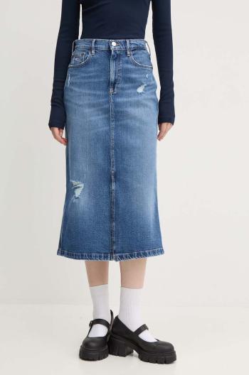 Rifľová sukňa Tommy Jeans midi, rovný strih, DW0DW18946