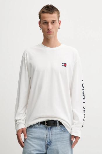 Bavlnené tričko s dlhým rukávom Tommy Jeans béžová farba, vzorované, DM0DM21976