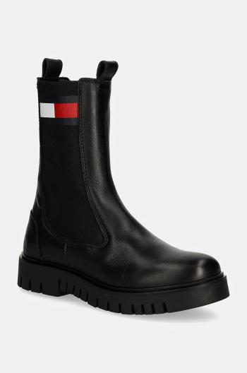Kožené topánky chelsea Tommy Jeans TJW LONG CHELSEA BOOT dámske, čierna farba, na platforme, EN0EN02625