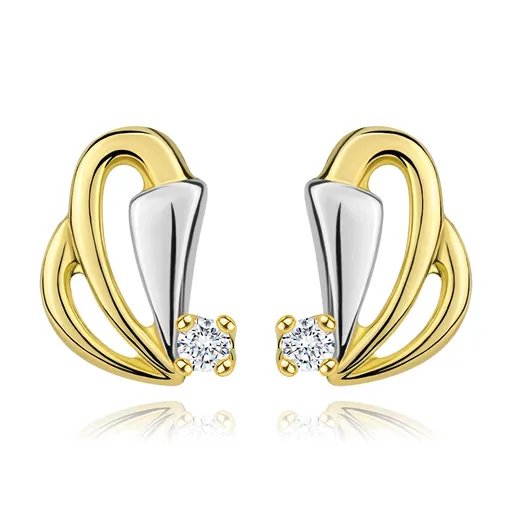 Zlaté náušnice 585 s čírym diamantom - kontúry slzičiek, rozšírený pás z bieleho zlata